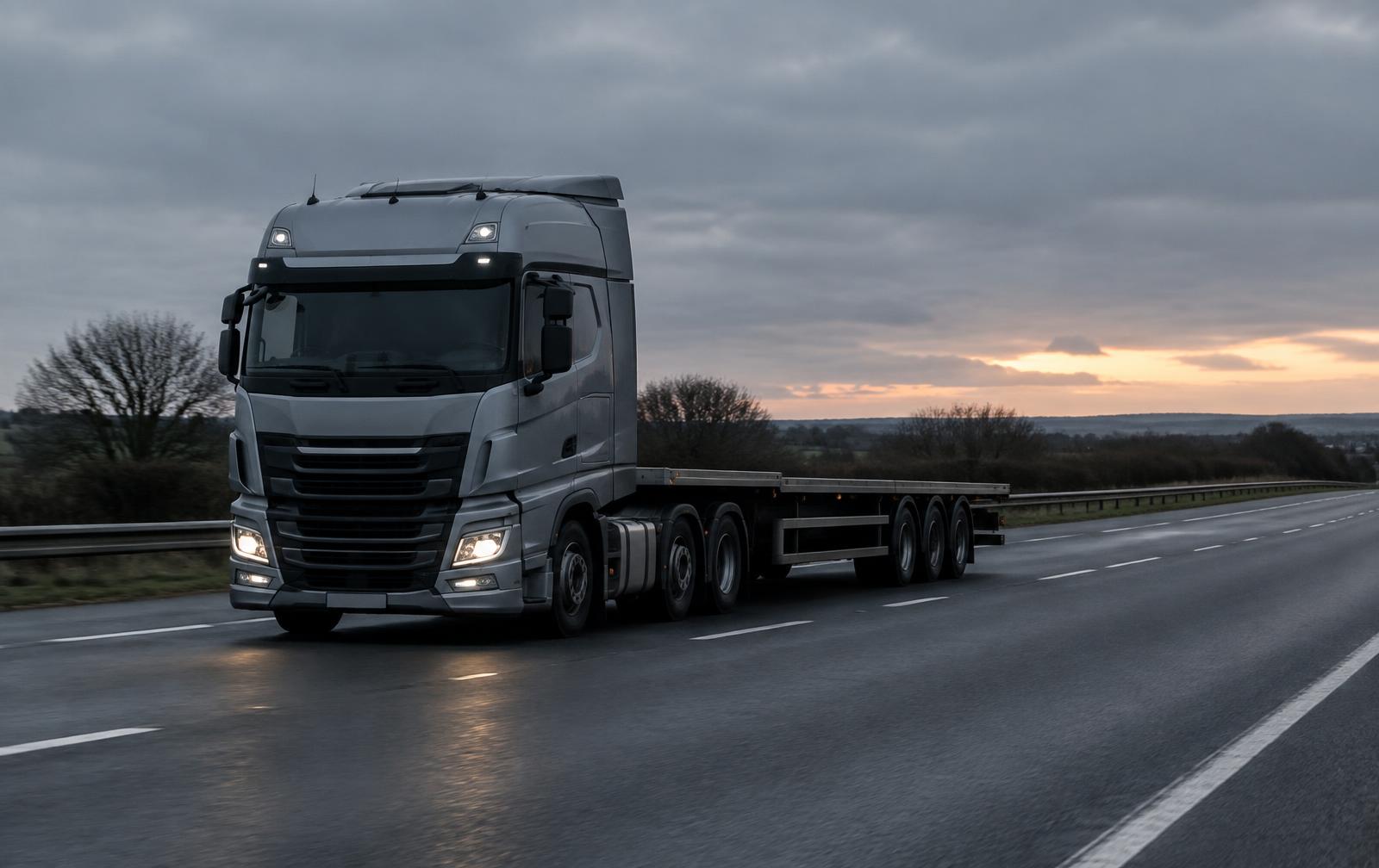 Tractor unit returning empty with flatbed trailer at dusk