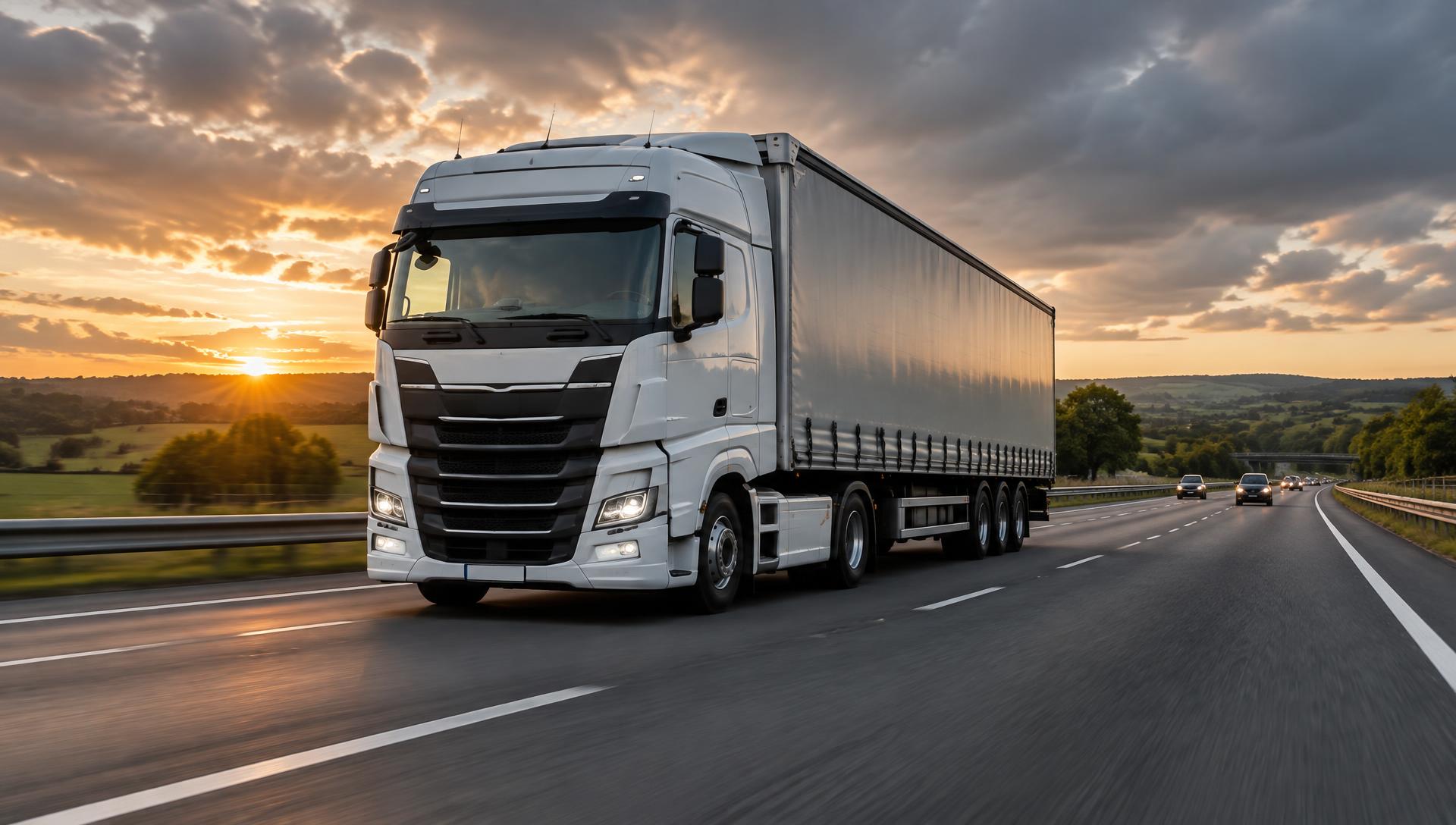 Modern curtainsider HGV travelling on a UK motorway at sunset
